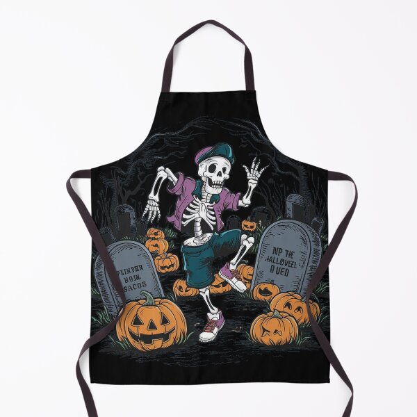 Item preview, Halloween party skeleton dancing between graves and pumpkins on the cementary designed and sold by KrissGraphShop.
