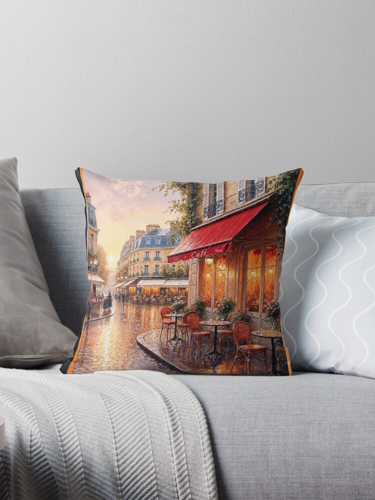 Golden Sunset Light On A Rainy Town Café Peaceful AI Concept Art by Xzendor7 Decorative Art Print Throw Pillow