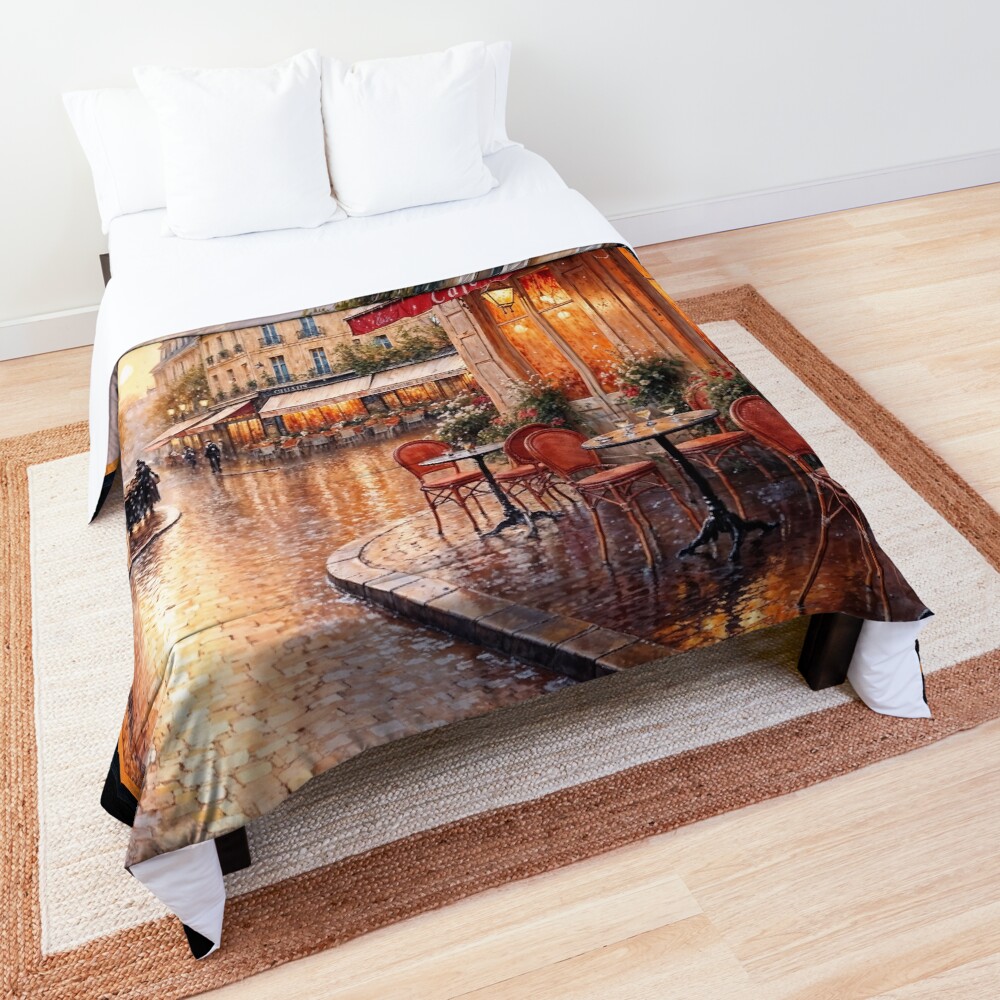 Golden Sunset Light On A Rainy Town Café Peaceful AI Concept Art by Xzendor7 Decorative Art Print Comforter