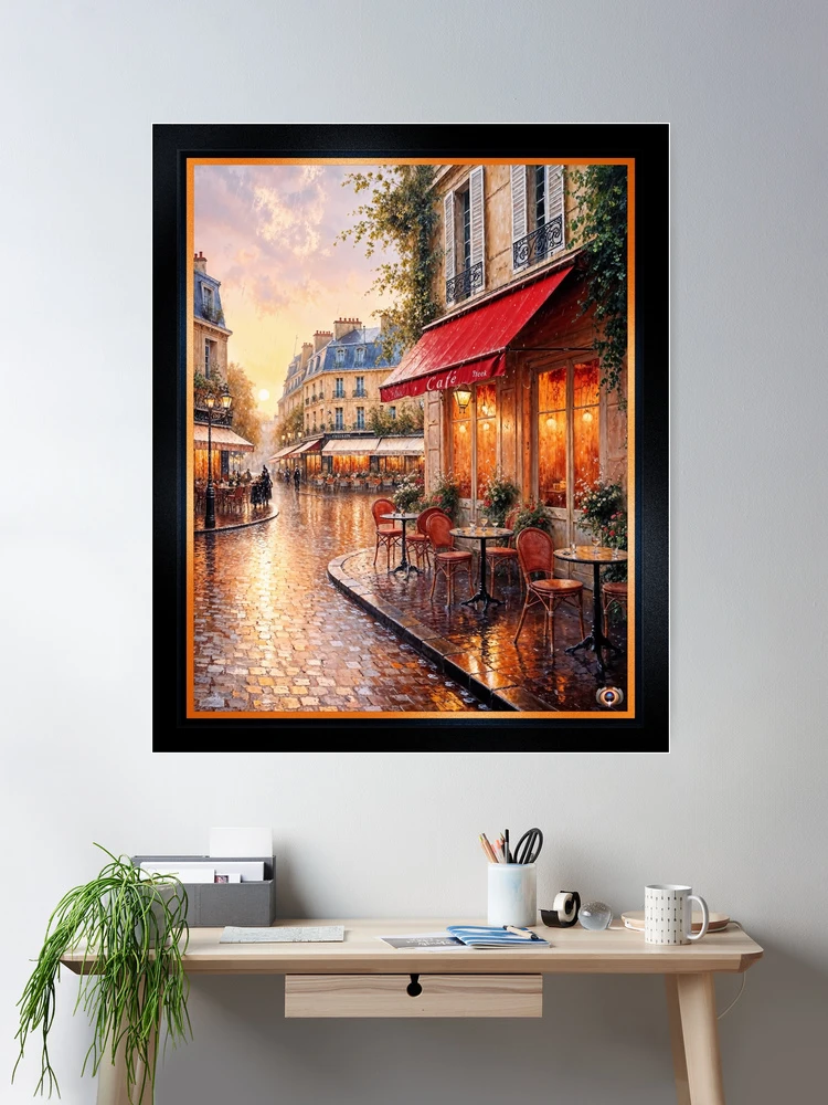 Golden Sunset Light On A Rainy Town Café Peaceful AI Concept Art by Xzendor7 Wall Decor Poster Art Print