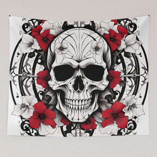 Item preview, Skull Mandala with Bold Red Flowers designed and sold by MandalasShops.