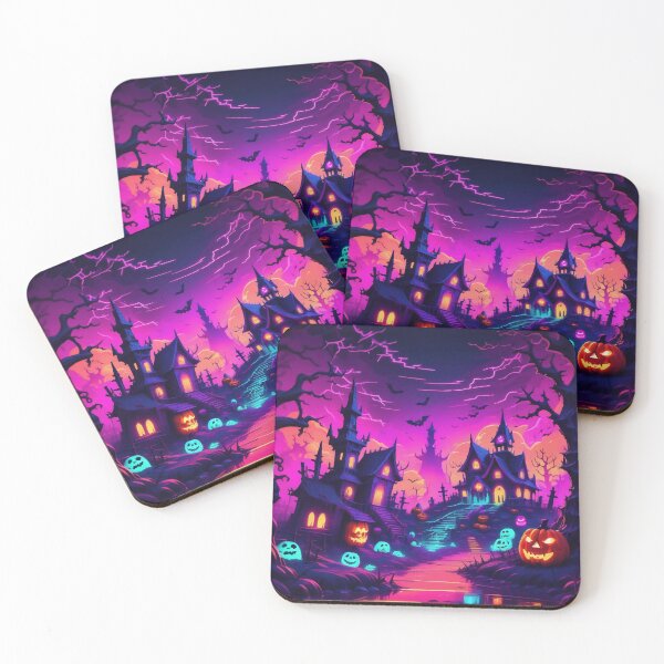 Item preview, HALLOWEEN SCENE GHOSTS / Gift items and personal use / Halloween, House, Spooky, Scary, Haunted, Horror, Ghosts, Purple, Pink, Dark, Spirit, Death, Gothic, Movie, Vintage, Creepy, Vector, Art designed and sold by LumDesignArt.