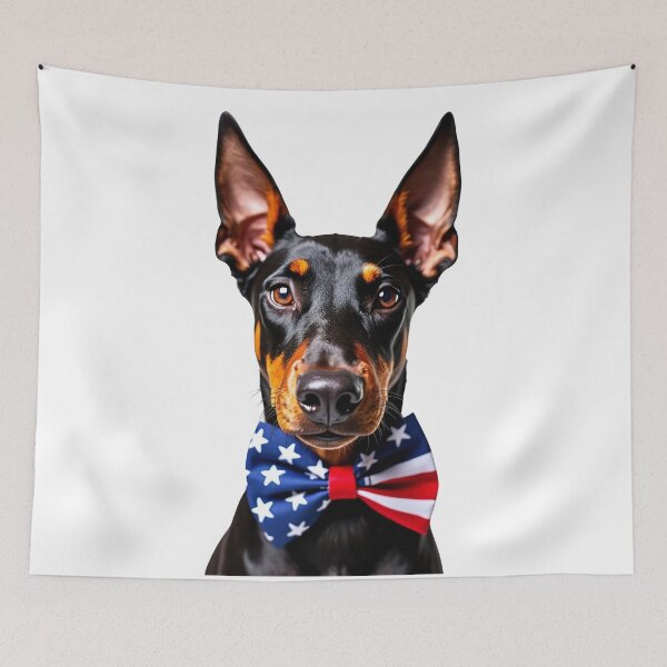 Item preview, Funny cool Doberman Pinscher dog wearing a USA flag bow tie designed and sold by LazyOwlStore.