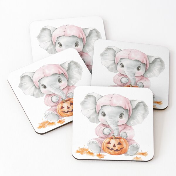 Item preview, Watercolor Pink Baby Elephant in Halloween Costume with Pumpkin designed and sold by ThaiArtShop.