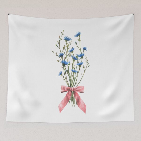 Item preview, Wildflower with red bow. Field blue chicory flowers and herbs. Watercolor bouquet designed and sold by BartolArt.
