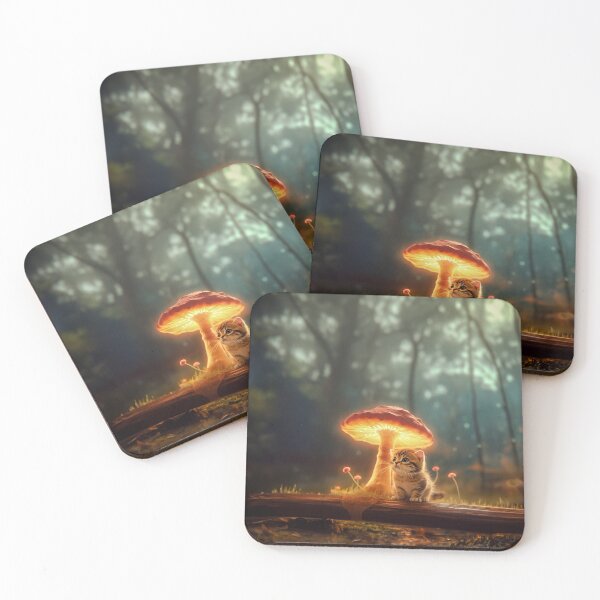 Item preview, Baby cat under glowing mushroom, magical cat in the forest designed and sold by creationen-surihs.