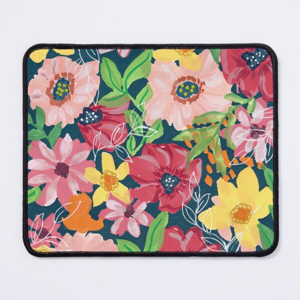 Item preview, Mixed Media Painterly Bright Flower Garden in Deep Midnight Blue Background designed and sold by JasmineGDesigns.