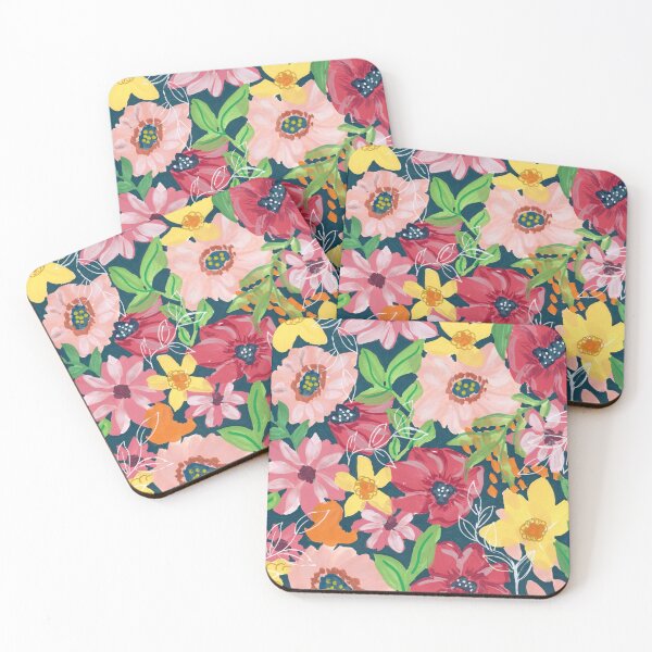 Item preview, Mixed Media Painterly Bright Flower Garden in Deep Midnight Blue Background designed and sold by JasmineGDesigns.