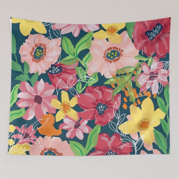 Item preview, Mixed Media Painterly Bright Flower Garden in Deep Midnight Blue Background designed and sold by JasmineGDesigns.