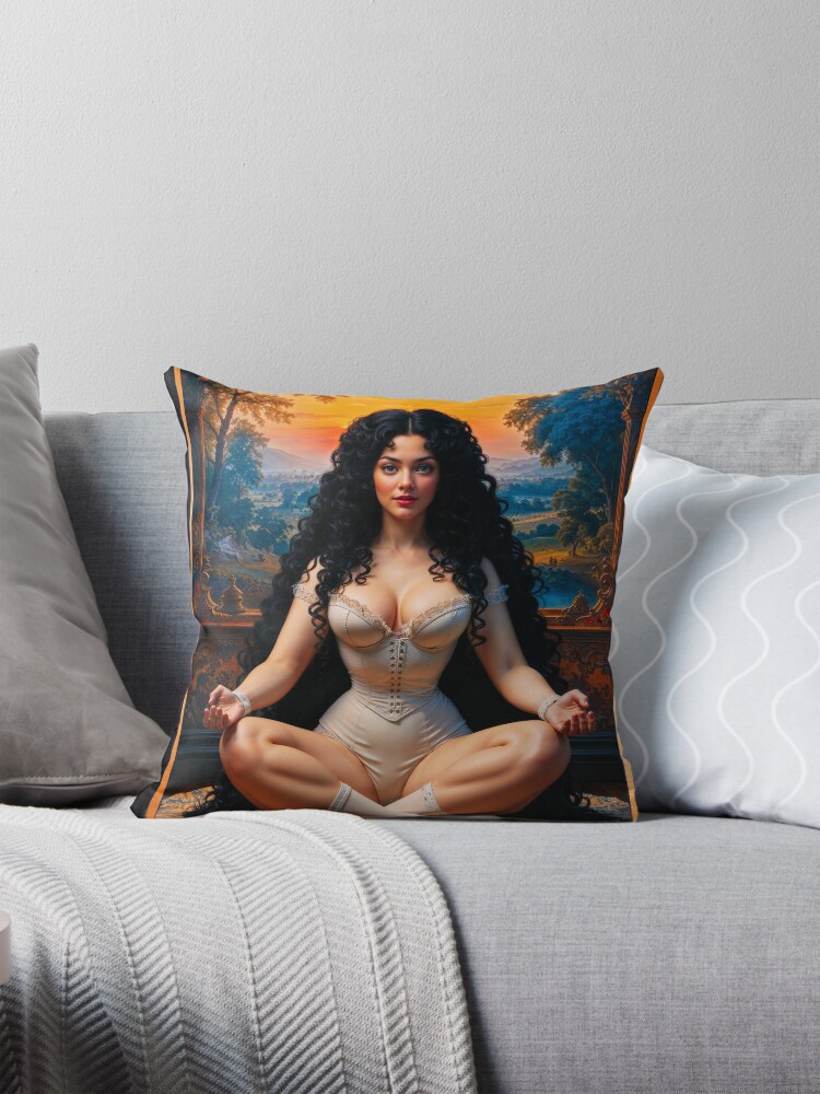 Elegant Woman in Meditative Harmony Amidst Natures Beauty Stunning AI Concept Art by Xzendor7 Decorative Art Print Throw Pillow