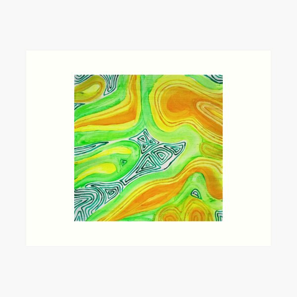 Item preview, green, color spots, painterly, yellow, waves, abstract, festival, orange designed and sold by JoannaLasGalery.