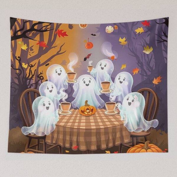 Item preview, Cute Ghosts Halloween Coffee Gathering Art designed and sold by ZetaDream.