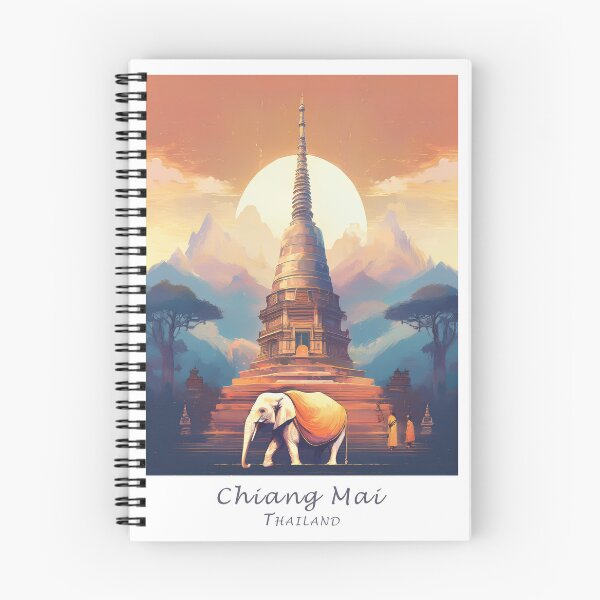 Artikelvorschau, Vintage Minimal Retro Reiseplakat – Chiang Mai, Thailand - Tempellandschaft, Elefant, Mönche entworfen und verkauft von pod24.