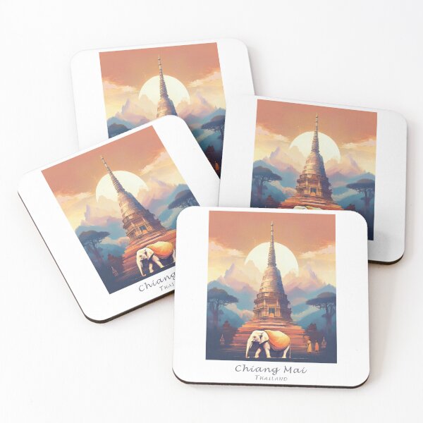 Item preview, Vintage Minimal Retro Travel Poster – Chiang Mai, Thailand - Temple Landscape, Elephant, Monks designed and sold by pod24.