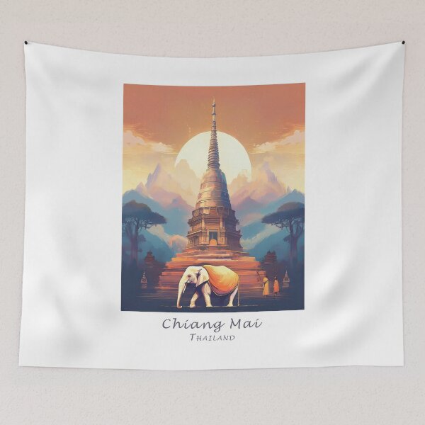 Item preview, Vintage Minimal Retro Travel Poster – Chiang Mai, Thailand - Temple Landscape, Elephant, Monks designed and sold by pod24.