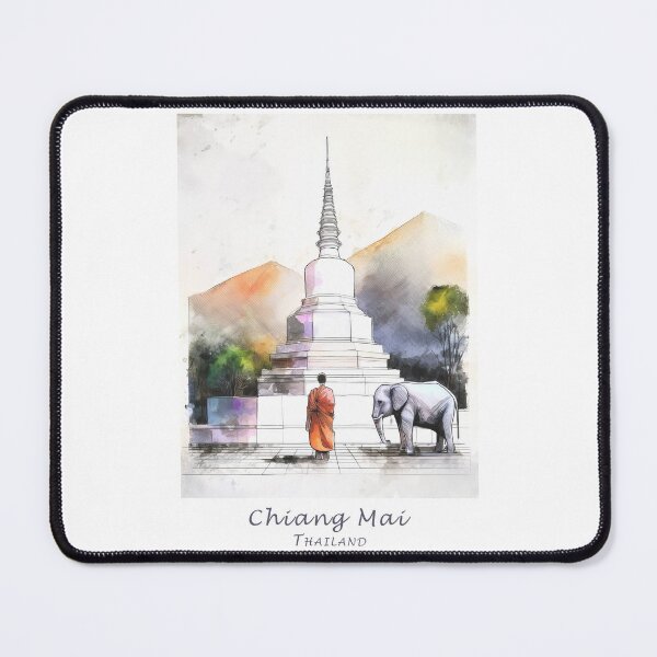 Item preview, Vintage Minimal Retro Travel Poster – Meditation in Chiang Mai, Thailand with Stupa, Monk, Elephant designed and sold by pod24.