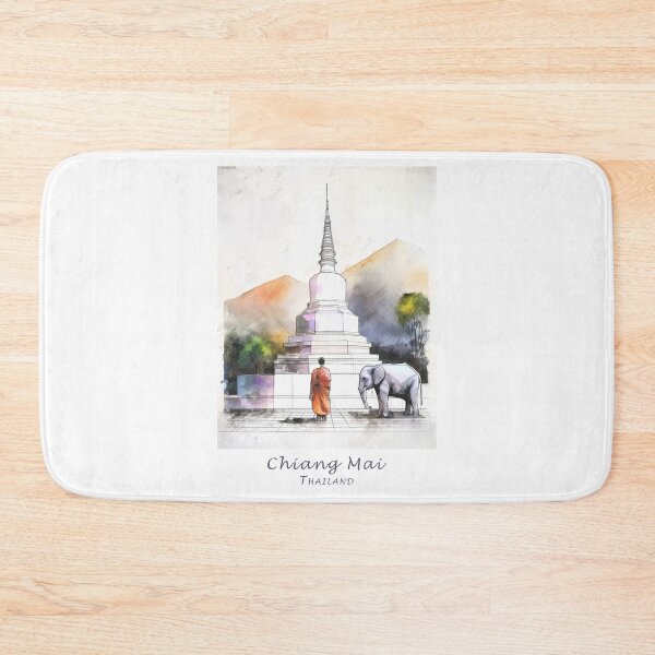 Item preview, Vintage Minimal Retro Travel Poster – Meditation in Chiang Mai, Thailand with Stupa, Monk, Elephant designed and sold by pod24.