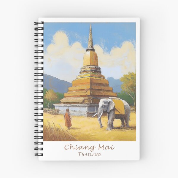 Artikelvorschau, Vintage Minimal Retro Reiseplakat – Buddhismus in Chiang Mai, Thailand - Mönch, Elefant entworfen und verkauft von pod24.