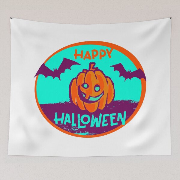 Item preview, Happy Halloween fluo badge with pumpkin and bats designed and sold by Spottino.