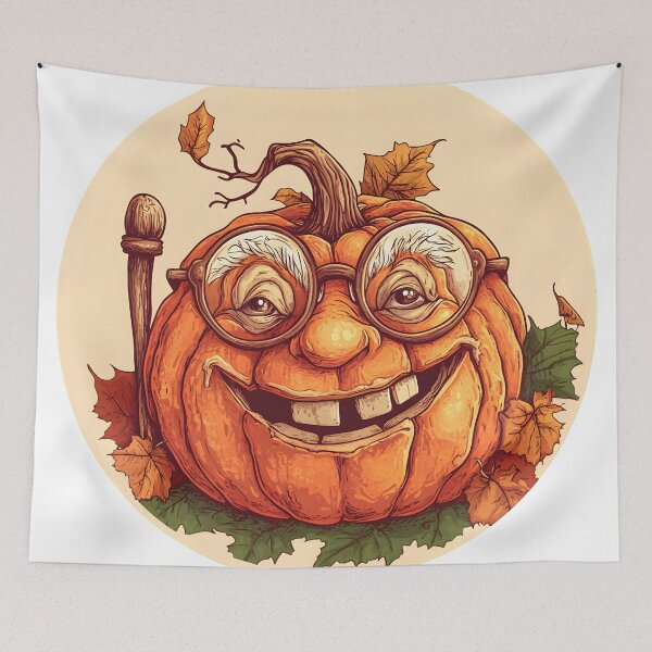 Item preview, Elder Pumpkin with Glasses and Autumn Leaves designed and sold by CharmingQuill.
