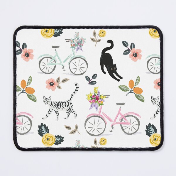Item preview, Bicycle Cat print pattern, Dainty cat floral pattern, illustrated cat kitten design designed and sold by CEB1700.