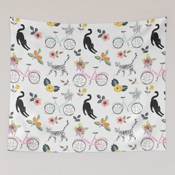 Item preview, Bicycle Cat print pattern, Dainty cat floral pattern, illustrated cat kitten design  designed and sold by CEB1700.