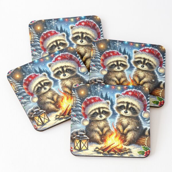 Item preview, Christmas raccoons sitting by the fire on a winter night designed and sold by Meandmyshop.