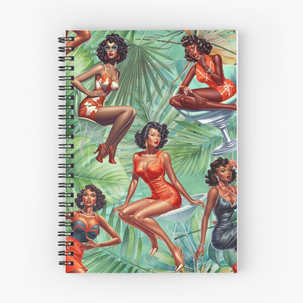 Item preview, Vintage Melanin Pinup Girls sobre fondo de palma verde y azul designed and sold by CGPlenty.