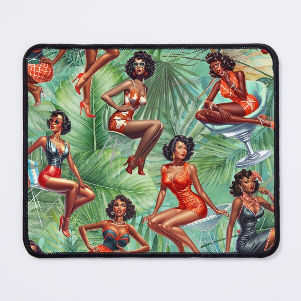Item preview, Vintage Melanin Pinup Girls sobre fondo de palma verde y azul designed and sold by CGPlenty.