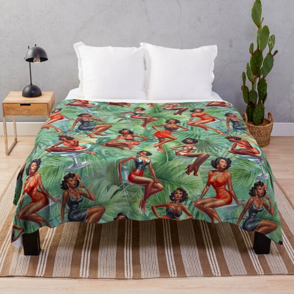 Item preview, Vintage Melanin Pinup Girls on green and blue palm background designed and sold by CGPlenty.