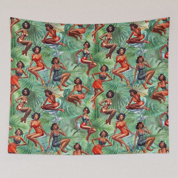 Item preview, Vintage Melanin Pinup Girls on green and blue palm background designed and sold by CGPlenty.