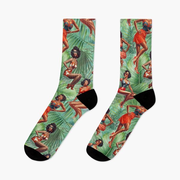 Item preview, Vintage Melanin Pinup Girls on green and blue palm background designed and sold by CGPlenty.