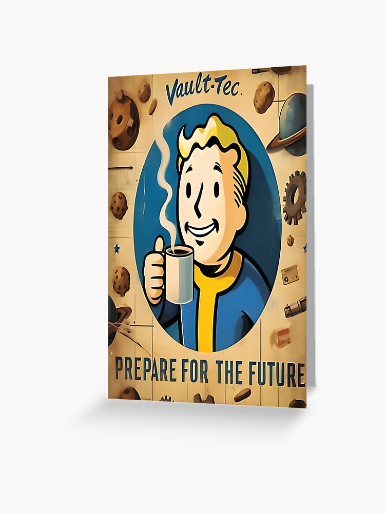 Imagen 1 de 2, Tarjetas de felicitación con la obra Coffee Vault Boy se prepara para el futuro, diseñada y vendida por LMLStewArt.