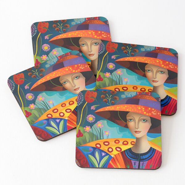 Item preview, Vibrant woman in colorful hat surrounded by flowers designed and sold by Artessie.