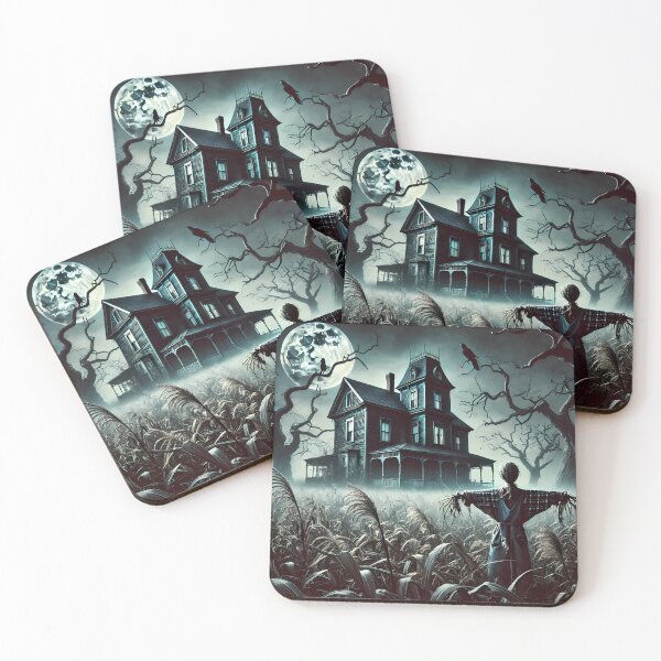 Item preview, A scarecrow stands in a misty cornfield near a haunted house designed and sold by aminz4.