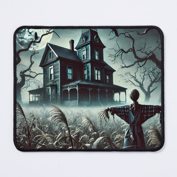 Item preview, A scarecrow stands in a misty cornfield near a haunted house designed and sold by aminz4.