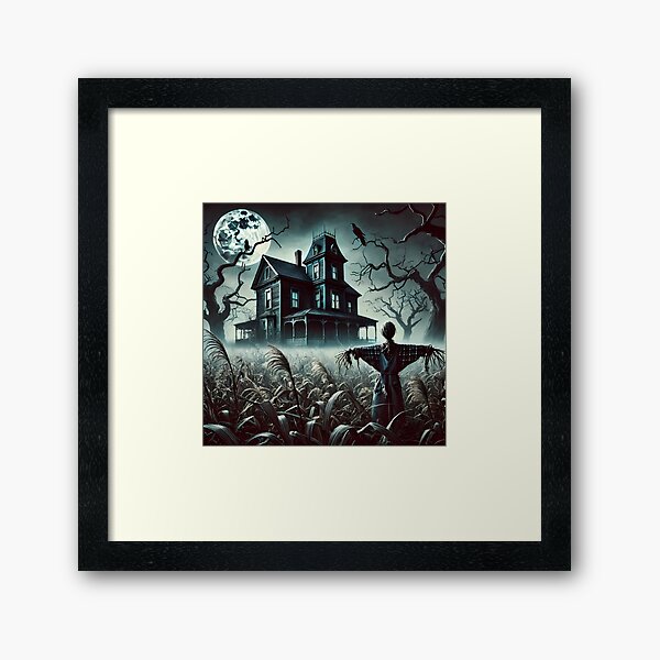 Item preview, A scarecrow stands in a misty cornfield near a haunted house designed and sold by aminz4.