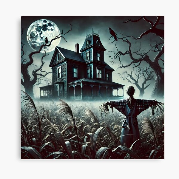 Item preview, A scarecrow stands in a misty cornfield near a haunted house designed and sold by aminz4.
