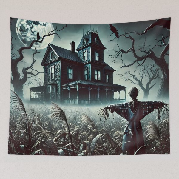 Item preview, A scarecrow stands in a misty cornfield near a haunted house designed and sold by aminz4.