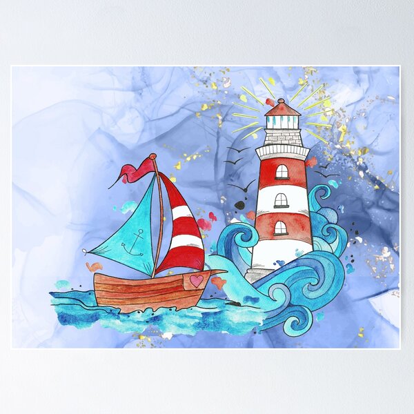 Item preview, "Maritim" watercolor lighthouse and boats designed and sold by miazephyr.