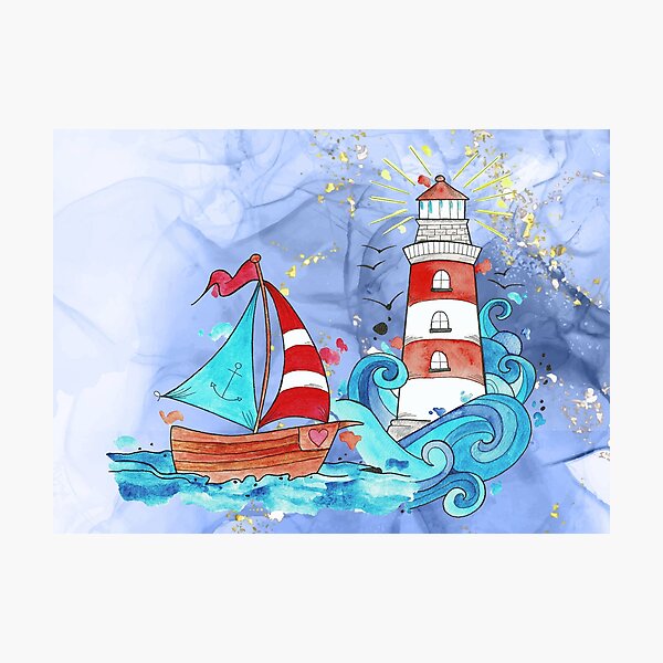 Item preview, "Maritim" watercolor lighthouse and boats designed and sold by miazephyr.