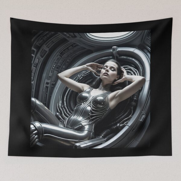 Item preview, Scifi H.R Giger inspired art of a woman attached to a cybernetic machine, cool cyberpunk art designed and sold by Vintage Designs +.