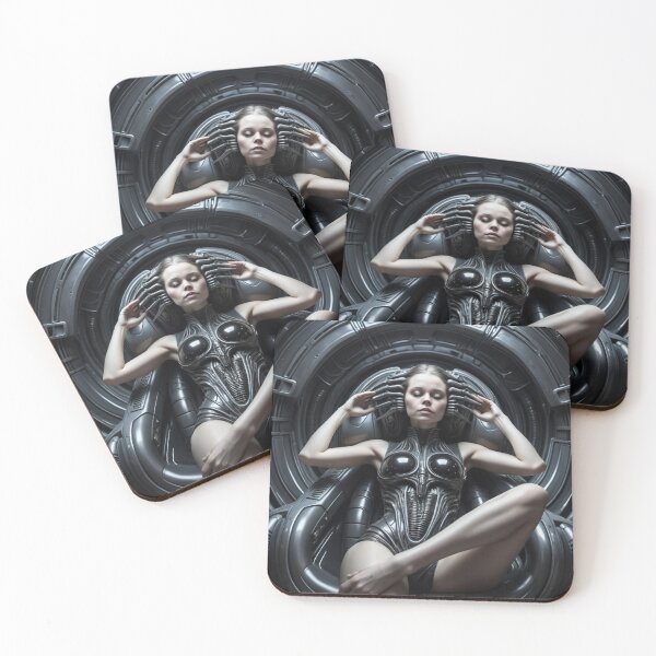 Item preview, Scifi H.R Giger inspired art of a woman with hands for feet attached to a cybernetic machine, cool cyberpunk art designed and sold by Vintage Designs +.