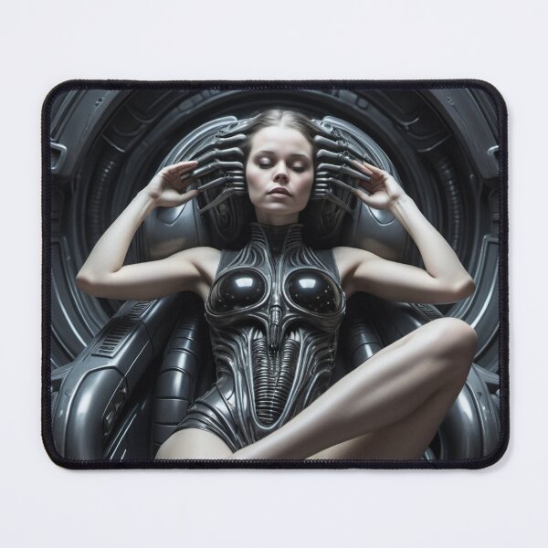 Item preview, Scifi H.R Giger inspired art of a woman with hands for feet attached to a cybernetic machine, cool cyberpunk art designed and sold by Vintage Designs +.