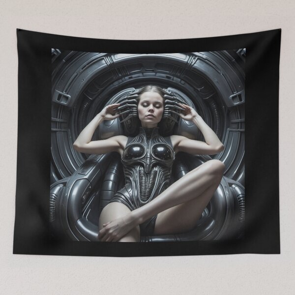 Item preview, Scifi H.R Giger inspired art of a woman with hands for feet attached to a cybernetic machine, cool cyberpunk art designed and sold by Vintage Designs +.