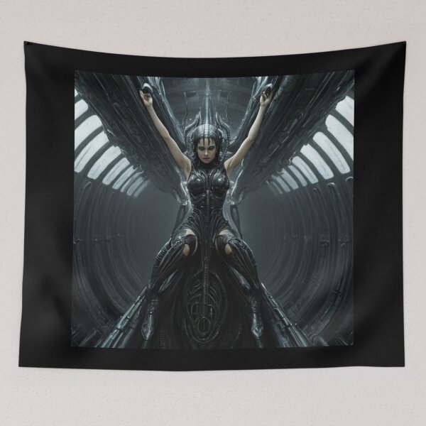 Item preview, Scifi H.R Giger inspired art of a woman attached to a cybernetic machine, cool cyberpunk art designed and sold by Vintage Designs +.