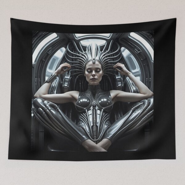 Item preview,  Scifi H.R Giger inspired art of a woman attached to a cybernetic machine, cool cyberpunk art designed and sold by Vintage Designs +.