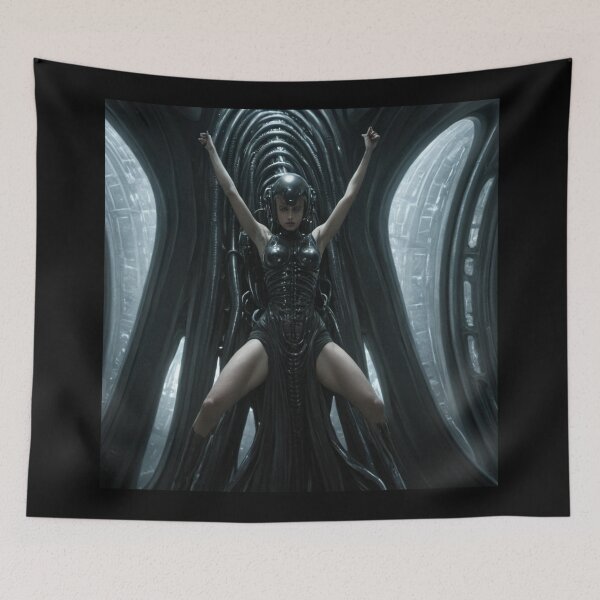 Item preview, Scifi H.R Giger inspired art of a woman attached to a cybernetic machine, cool cyberpunk art designed and sold by Vintage Designs +.