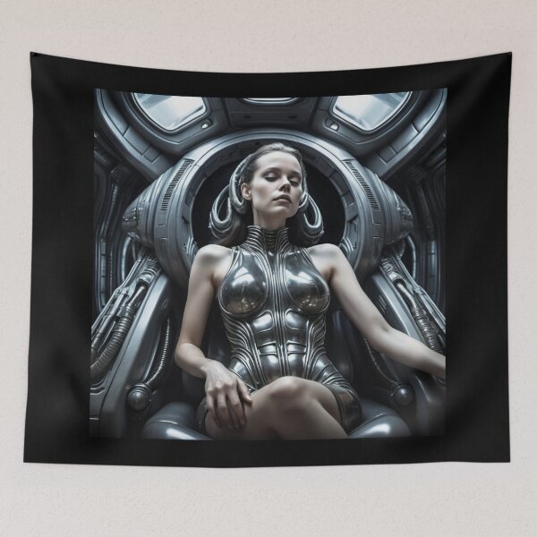 Item preview, Scifi H.R Giger inspired art of a woman attached to a cybernetic machine, cool cyberpunk art designed and sold by Vintage Designs +.