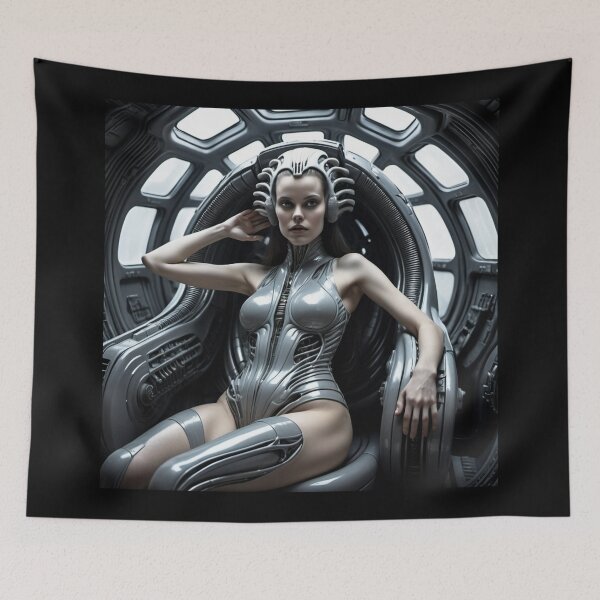 Item preview, Scifi H.R Giger inspired art of a woman attached to a cybernetic machine, cool cyberpunk art designed and sold by Vintage Designs +.